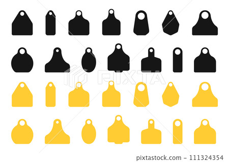 Ear tags for cattle. Set of blank black and yellow identification labels for farm animals. Collection of earmark mockups for livestock isolated on white background 111324354