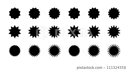 Round badges, stamps, labels, tags with zigzag and wavy edges. Sun, sunburst, sunlight, sunshine icons. Set of discount, sale, promocode stickers isolated on white background Round badges, stamps, labels, tags with zigzag and wavy edges. Sun, sunburst, sunlight, sunshine icons. Set of discount, sale, promocode stickers isolated on white background 111324358
