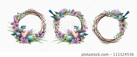 Happy Easter Greeting Card Element Set. Wreath, nest, birds and Easter Eggs. Realistic Vintage Botanical Illustration. Holiday Greeting Design for Postcard Happy Easter Greeting Card Element Set. Wreath, nest, birds and Easter Eggs. Realistic Vintage Botanical Illustration. Holiday Greeting Design for Postcard 111324536