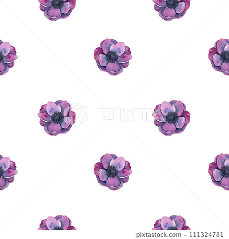 anemone flowers seamless pattern in Bright purple colors. Hand drawn Watercolor floral illustration. Botanical art for fabrics, textiles, packaging, backgrounds, scrap paper 111324781