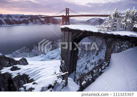 被雪覆蓋的老建築和大橋 - 生成人工智慧 111325307