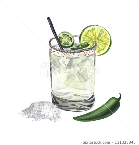 Summer cocktail, spicy lime margarita in a short glass and pepper jalapeno. Watercolor hand-drawn illustration isolated on white background. Perfect for recipe alcoholic lists with drinks. 111325343