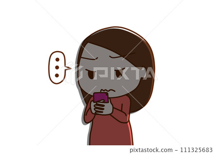 (Upper body diagonal) A woman holding a smartphone and looking at the screen, silent and with a straight face, creating a shadow (Upper body diagonal) A woman holding a smartphone and looking at the screen, silent and with a straight face, creating a shadow 111325683