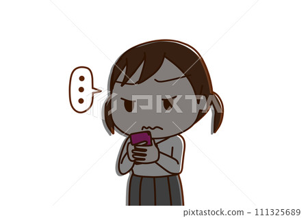 (Upper body diagonal) Female student holding a smartphone and looking at the screen, silent and with a straight face, creating a shadow (Upper body diagonal) Female student holding a smartphone and looking at the screen, silent and with a straight face, creating a shadow 111325689