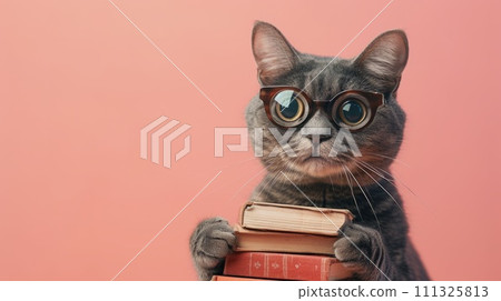 A cat wearing glasses holding a stack of books on its head, AI 111325813