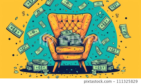 A cartoon illustration of a chair with money falling out, AI A cartoon illustration of a chair with money falling out, AI 111325829
