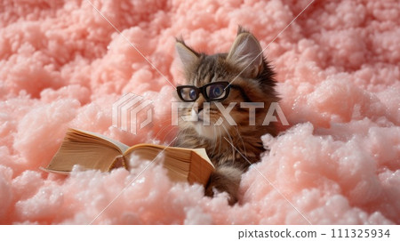 A cat with glasses reading a book in pink cotton, AI A cat with glasses reading a book in pink cotton, AI 111325934