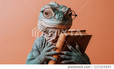 A lizard with glasses holding a book and wearing a hat, AI A lizard with glasses holding a book and wearing a hat, AI 111325935