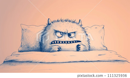 A drawing of a monster is laying in bed with pillows, AI 111325936