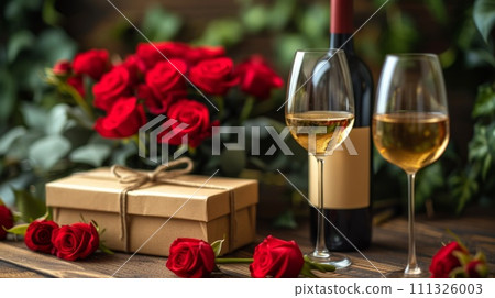 A bottle of wine and two glasses sit next to a box, AI A bottle of wine and two glasses sit next to a box, AI 111326003
