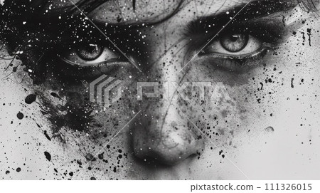 A close up of a woman's face with splatters on it, AI 111326015