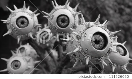 A bunch of eyeballs with spikes on them are sitting in a vase, AI 111326030