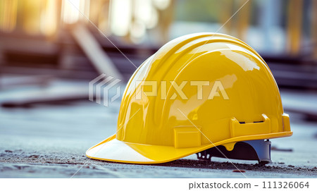 A solitary yellow safety helmet rests on the gritty floor of a construction site, highlighting workplace safety and preparation. A solitary yellow safety helmet rests on the gritty floor of a construction site, highlighting workplace safety and preparation. 111326064