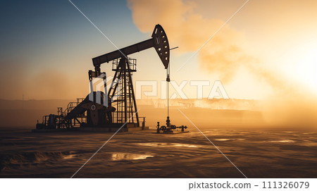 Silhouette of a functioning oil pump jack in a desert with a warm sunset backdrop, illustrating energy production and extraction processes. Silhouette of a functioning oil pump jack in a desert with a warm sunset backdrop, illustrating energy production and extraction processes. 111326079
