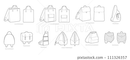 Set of novelty backpacks silhouette bags. Fashion accessory technical illustration. Vector schoolbag front 3-4 view 111326357