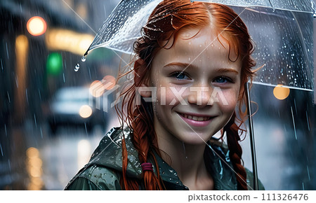 AI-generated content. portrait girl rain, raincoat rain, raindrop face, wet girl, happy female smile face, rainy weather, wet woman, city flood, beautiful girl, city puddles, water flood precipitation 111326476