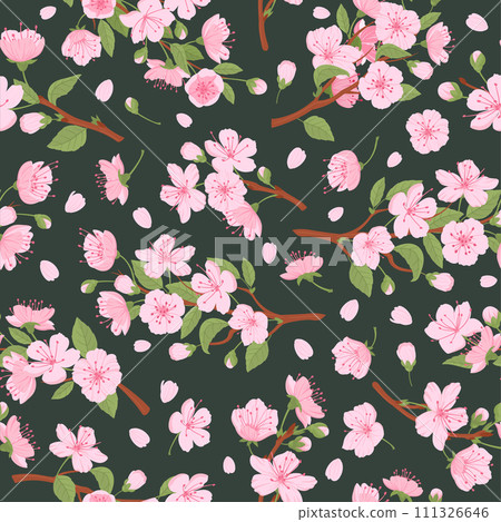 Blooming cherry seamless pattern. Spring cherry flowers, sakura blossom endless design, flat vector background illustration. Japanese sakura flowers pattern 111326646