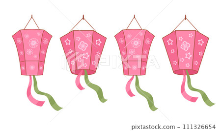 Sakura festival lanterns. Traditional cherry blossom paper lanterns, spring sakura symbols flat vector illustration set. Japanese sakura elements 111326654