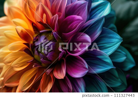 AI-generated content. Vibrant multi-colored dahlia flowers in close-up view. Colorful close-up of vibrant, blooming flowers 111327443