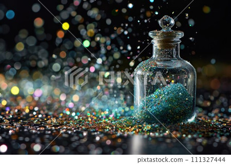 AI-generated content. Magic potion in glass bottle on black background with glitter and bokeh 111327444