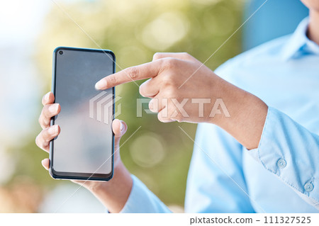 Woman pointing mockup phone screen, mobile apps and marketing, advertising and blank brand space in urban city. Hands holding internet technology, social media website contact and www connect online Woman pointing mockup phone screen, mobile apps and marketing, advertising and blank brand space in urban city. Hands holding internet technology, social media website contact and www connect online 111327525