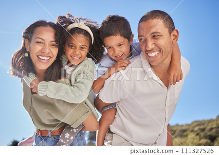 Black family portrait, summer holiday and children with parents on blue sky, sunshine and playing in a green park. Happy mother, father and kids having fun outdoor for vacation break with a smile Black family portrait, summer holiday and children with parents on blue sky, sunshine and playing in a green park. Happy mother, father and kids having fun outdoor for vacation break with a smile 111327526