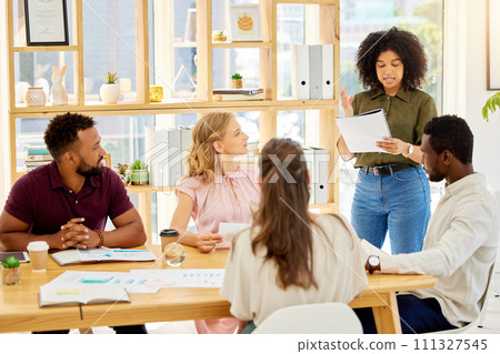 Business meeting presentation, people and speaker with proposal document, KPI report or paperwork. Team leader, manager or woman talking for motivation, strategy and company project planning goal 111327545