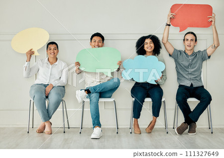 Diversity business people with speech bubble sign, banner or poster waiting for interview. Social media, chat or voice team of candidates together in line for job vacancy in the office with opinion Diversity business people with speech bubble sign, banner or poster waiting for interview. Social media, chat or voice team of candidates together in line for job vacancy in the office with opinion 111327649