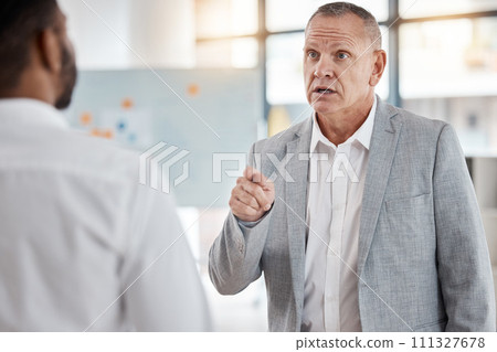 Angry businessman, finger pointing or argument or fight at workplace after misunderstanding. Leader, ceo or boss unhappy with work of employee, arguing or fighting, conflict or performance review. 111327678