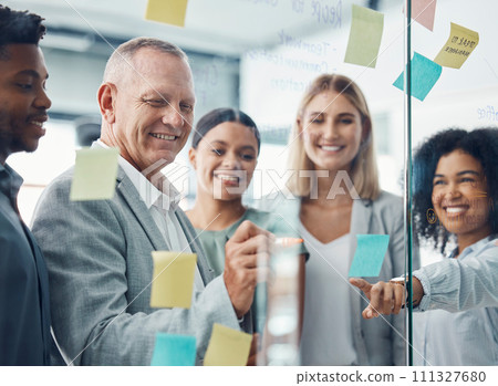 Business people planning with sticky note in meeting, writing advertising strategy on glass board and team collaboration for creative idea at work. Marketing workers working on design partnership 111327680