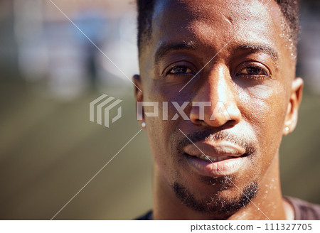 Sport, basketball and face with a man workout portrait for health, workout and fitness. Motivation, vision and mindset with a black male athlete, trainer or coach on a court outside 111327705