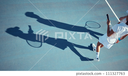 Tennis, sports and people on court in sunshine with silhouette or shadow and mockup. Active fitness woman, man or professional sport player with racket from above or top in summer with ground mock up 111327763