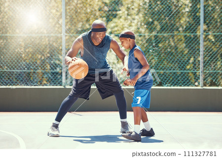 Basketball, family and teaching sport with a dad and son training on a court outside for leisure fitness and fun. Black man and kid doing exercise and workout playing a game for health and recreation 111327781