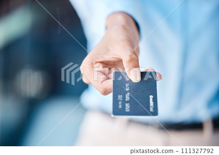 Credit card, shopping and macro hands of customer doing payment with a blur background. Money charge and transaction for commerce purchase with banking account in exchange for a product. 111327792