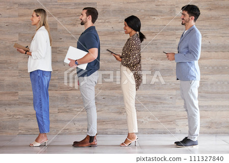Job interview, recruitment and we are hiring with business people standing in a row waiting at human resources office. Diversity, vacancy and future employee prepared, happy and ready for meeting 111327840