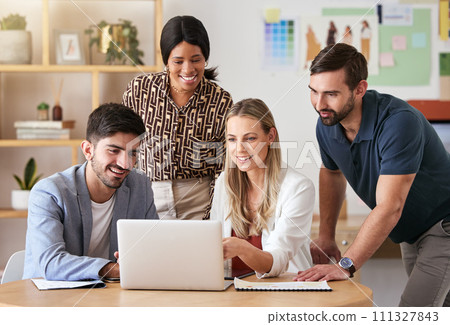 Designer, collaboration and business meeting working on laptop for fashion design, consulting or digital marketing team. Presentation, teamwork and creative business people in graphic design company Designer, collaboration and business meeting working on laptop for fashion design, consulting or digital marketing team. Presentation, teamwork and creative business people in graphic design company 111327843