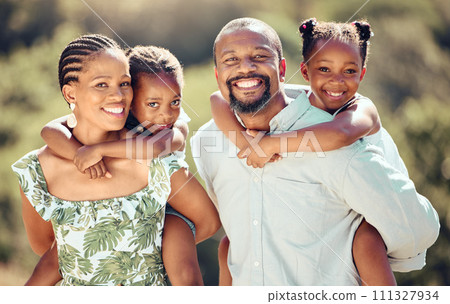 Face portrait of family in green garden, love and care for children in nature and happiness in park. Parents and kids outdoor for fun activity, playing together and mother and father with smile 111327934