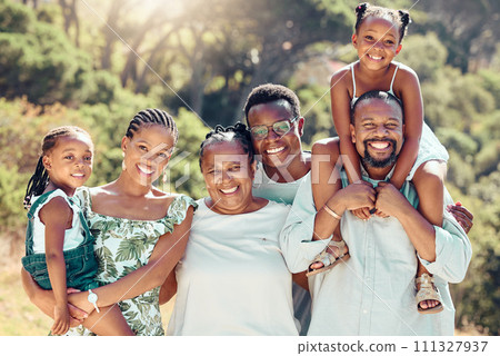 Face portrait of family in nature park, parents in garden with children and senior people with smile on group walk in summer. Smile, happy and African kids in green yard with mother and father 111327937