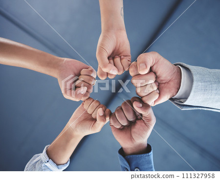 Team success and motivation fist bump of business people with teamwork, work support hand sign. Office group hands together in a circle to show job community, goal collaboration and career target 111327958