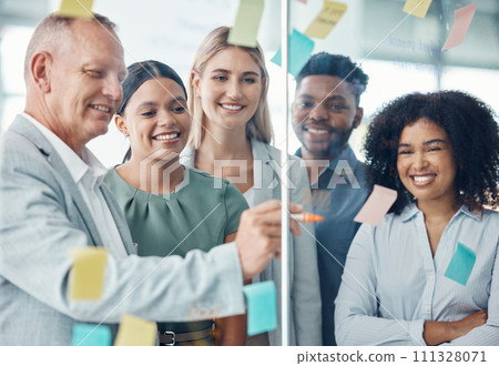 Team, strategy and business people writing on sticky notes in a meeting about the vision, mission and goals of the company. Teamwork, smile and happy group of employees brainstorming in modern office 111328071
