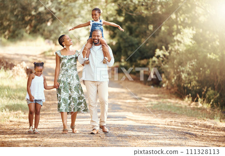 Happy black family bonding on an outdoor work in a park, loving and having fun together. African American parents enjoying fresh air and an active walk with their children, playful, cheerful and free 111328113