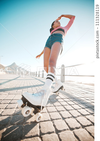Girl relax while roller skating, travel or journey on sidewalk for fitness, health and training exercise with flare. Woman on fun city adventure traveling on roller blades for workout bottom view 111328119