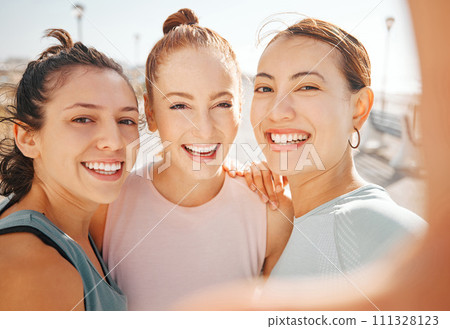 Health, exercise and friends taking a selfie after a workout or yoga training session outdoors. Portrait of smiling female enjoying fresh air and fitness, excited and bonding with fitness health club 111328123