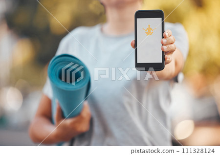 Smartphone, yoga and software mock up app, advertising or marketing with outdoor green park bokeh. Health fitness woman mat and hand with 5g cellphone mobile, download or website and mediation logo 111328124