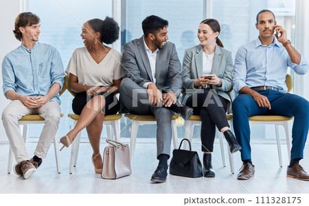 Business communication, team conversation and talking of corporate staff waiting for an interview. Happy discussion of office workers on lunch relax before a job recruitment and hiring opportunity 111328175