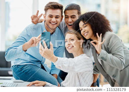 Teamwork, emoji hands and business people selfie with a smartphone for social media content of happy, diversity and trendy staff. Young digital marketing workers in a group collaboration portrait 111328179