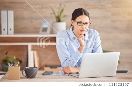 Thinking, solution and laptop business woman working, planning mind and strategy idea office technology. Serious, focus and expert entrepreneur reading online report, internet and question decision Thinking, solution and laptop business woman working, planning mind and strategy idea office technology. Serious, focus and expert entrepreneur reading online report, internet and question decision 111328197