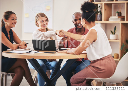 Handshake, partnership or success deal in office support, trust or crm after b2b collaboration business meeting. Creative teamwork people in welcome, thank you and strategy interview with employee 111328211