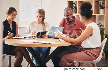 Corporate team, brainstorming and meeting table for idea collaboration session in diverse office. Employee development, solidarity and teamwork strategy for business workplace innovation workshop. 111328212