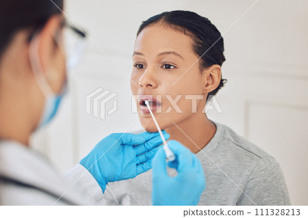 Female patient, healthcare and covid test using swab in mouth to collect specimen at testing center. Medical professional or doctor with gloves for hygiene while working with coronavirus in hospital Female patient, healthcare and covid test using swab in mouth to collect specimen at testing center. Medical professional or doctor with gloves for hygiene while working with coronavirus in hospital 111328213